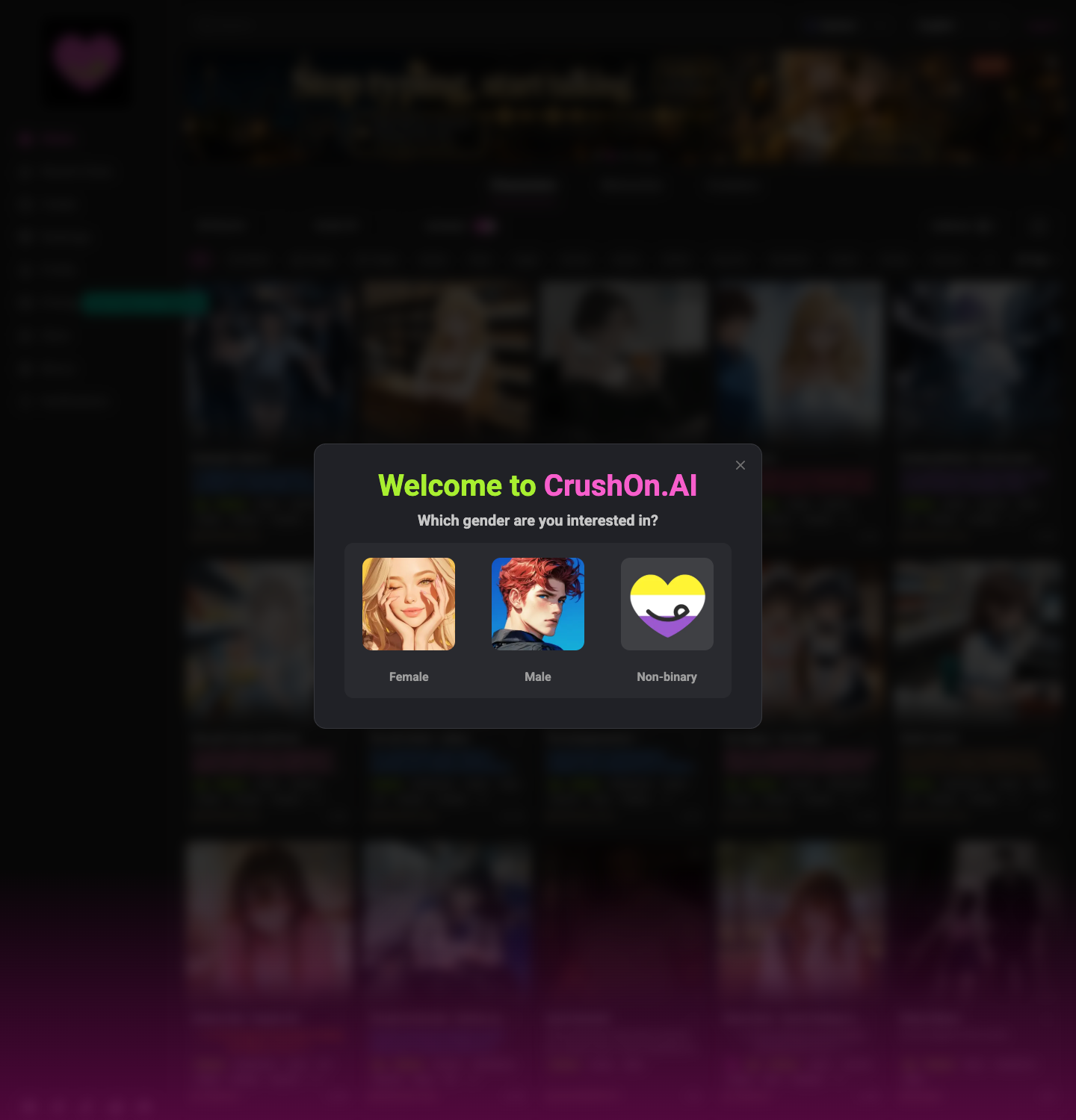 CrushOn AI homepage captured in a browser frame, July 2026